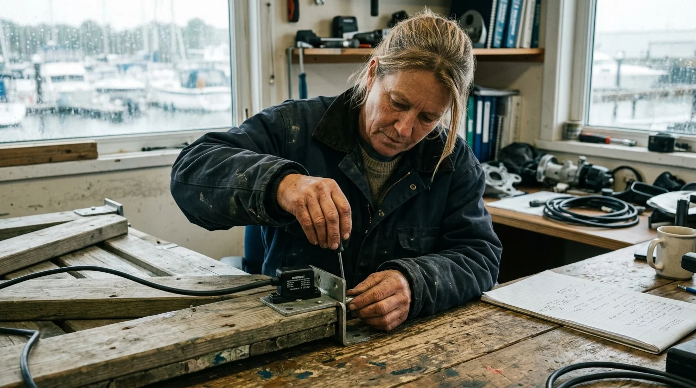 A woman in a workshop uses a screwdriver to install a black sensor bracket onto a wooden dock gate.