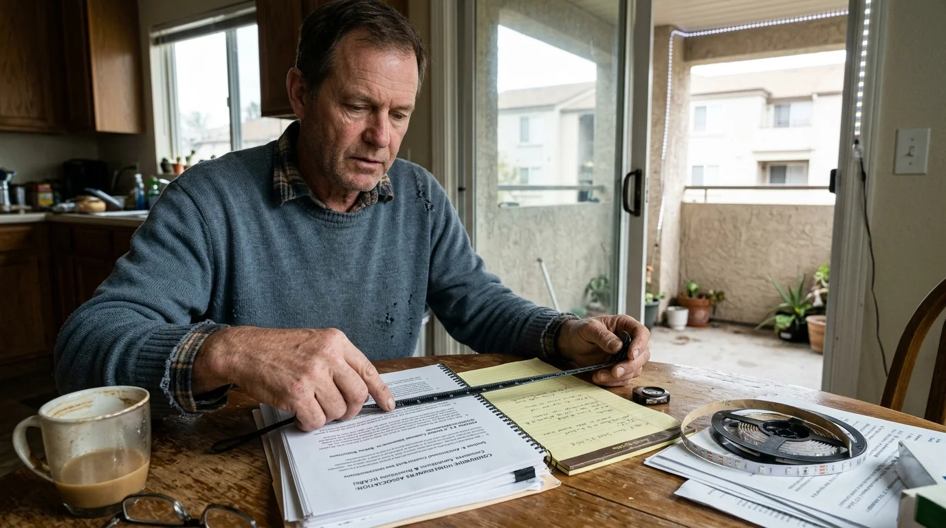 A man sitting at a dining table reviews printed association documents alongside a notepad and an LED light strip roll.