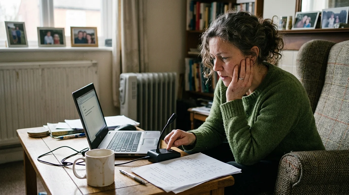A woman in a green sweater sits by a coffee table with a laptop, microphone, and papers, resting her cheek on her hand.
