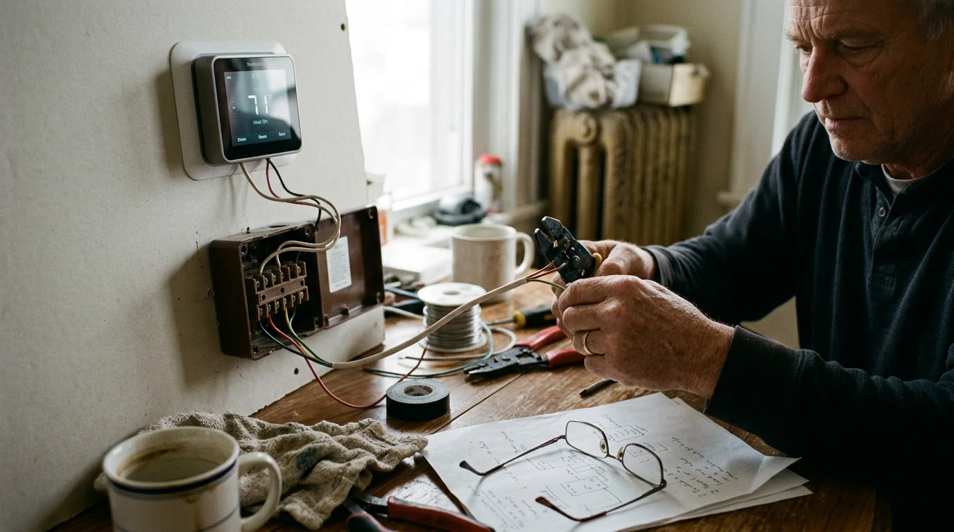 A man strips electrical wire at a workbench beside an open electrical terminal box and mounted digital thermostat.
