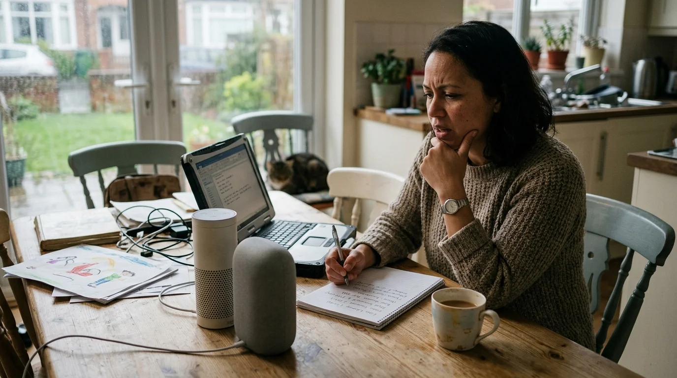 A woman sits at a wooden table with a laptop, notebook, coffee mug, and two smart speakers in a kitchen.