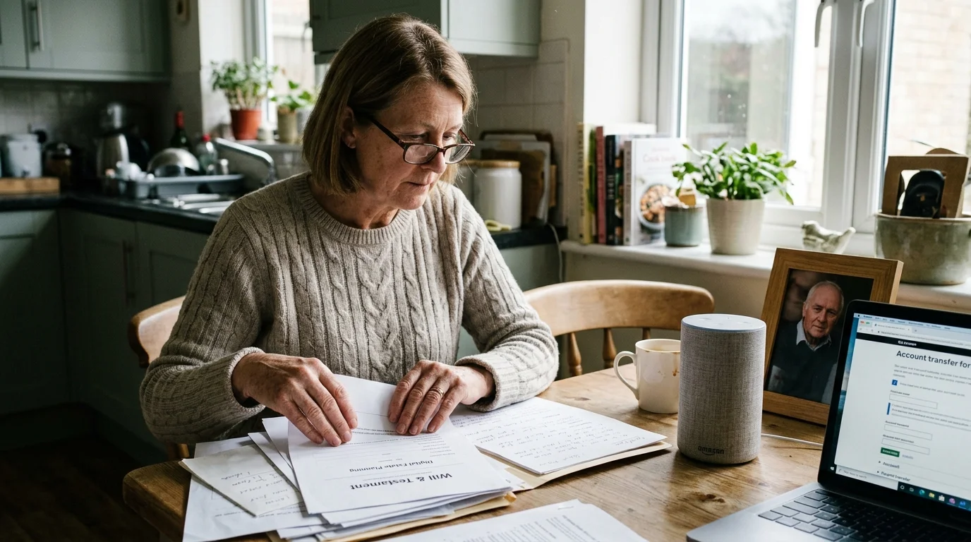 A woman reviews paperwork at a wooden kitchen table next to a smart speaker and an open laptop showing an online form.