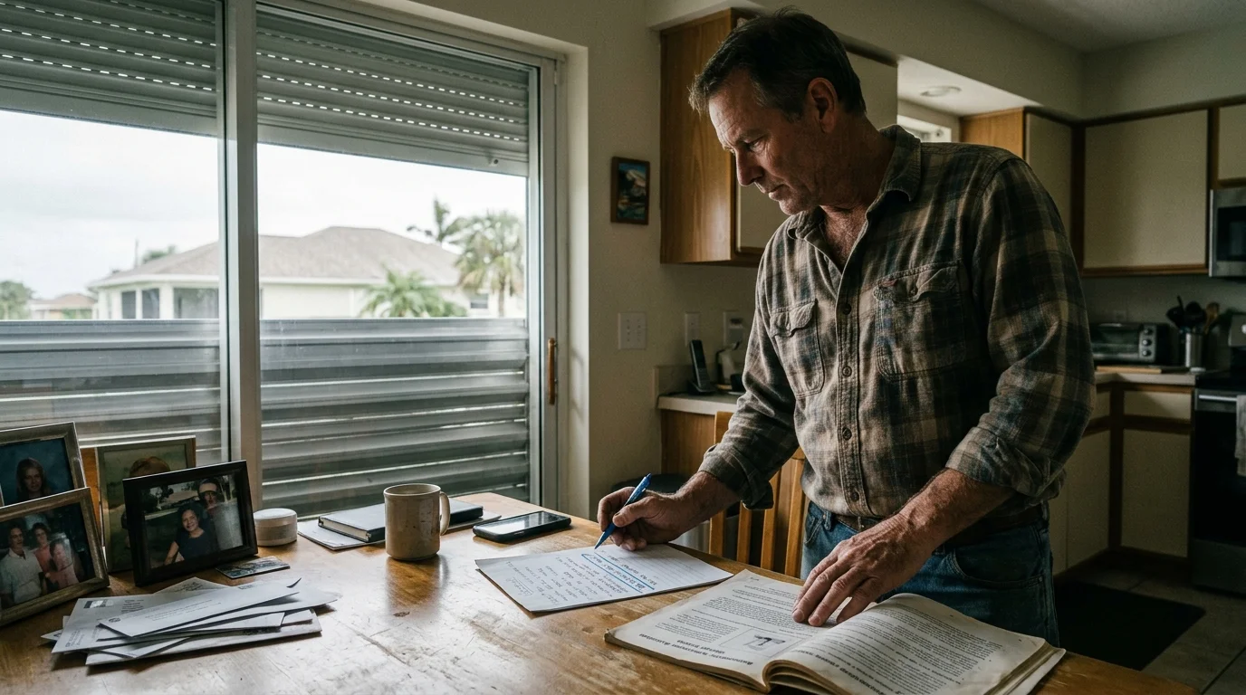 Man reviewing paperwork at a dining table beside a large window partially covered by hurricane shutters.