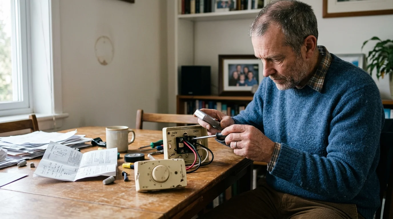 A man at a wooden table examines a 240V thermostat baseplate with a screwdriver and a handheld multimeter.