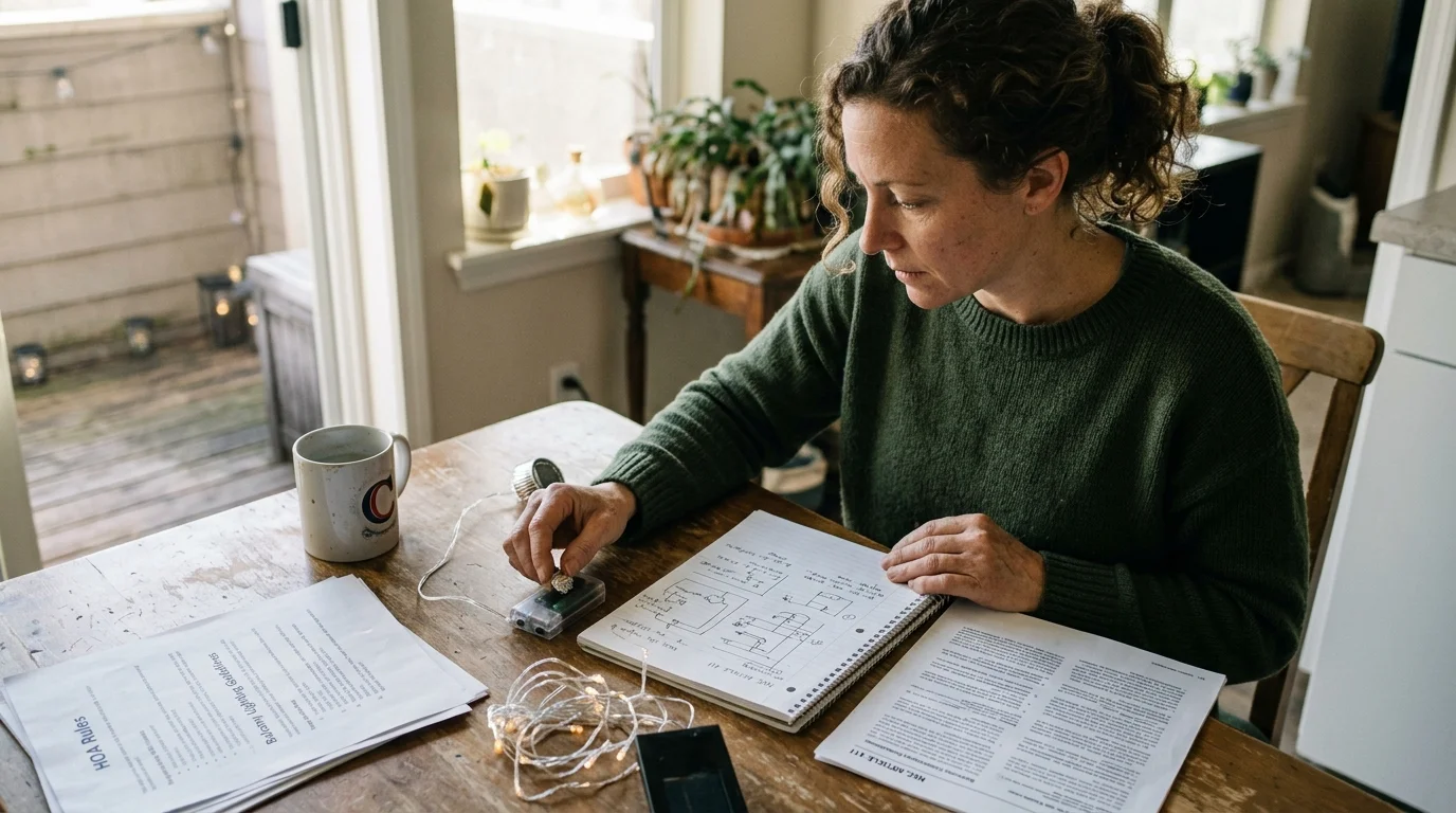 A woman sits at a wooden table reviewing handwritten electrical diagrams, documents, and string lights.