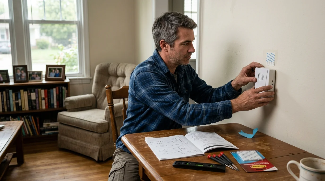 A man sitting at a wooden table mounts a white chime unit onto a wall beside an adhesive strip.
