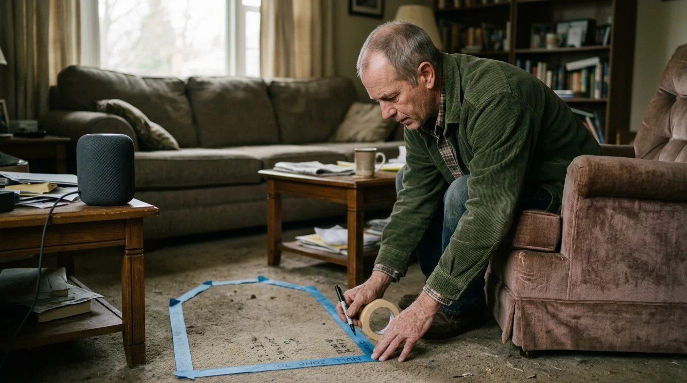 A man marks an acoustic null zone on his living room carpet with blue tape beside a smart speaker.
