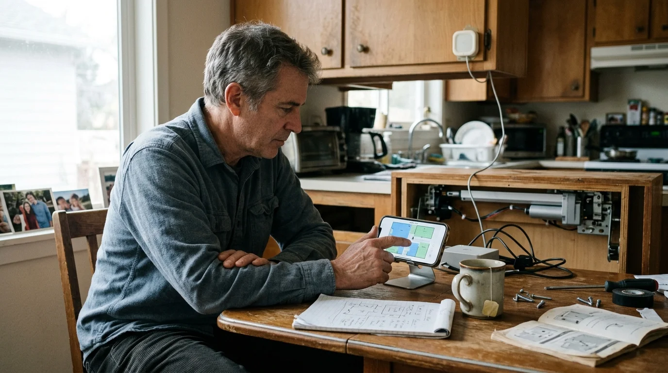 A man at a wooden kitchen table reviews a floor plan app on a propped phone near tools and motorized cabinet parts.
