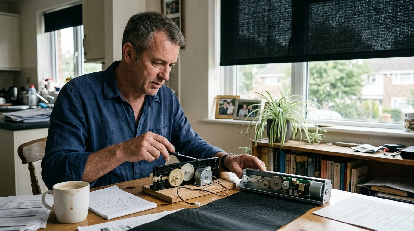 A man at a table using a screwdriver to assemble motorized shade gears and mechanisms beside a coffee cup.