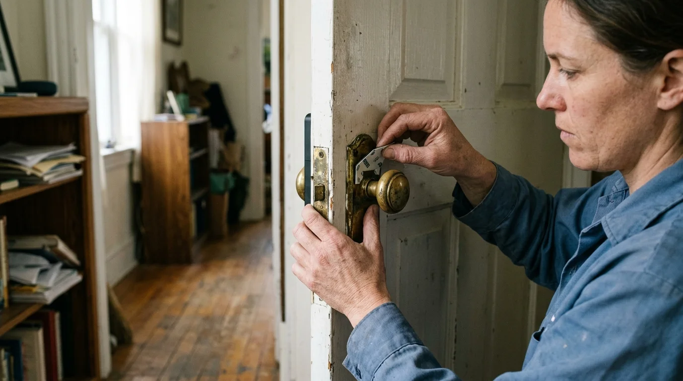 A woman applies an adhesive mounting bracket above a brass doorknob on an antique wooden door.