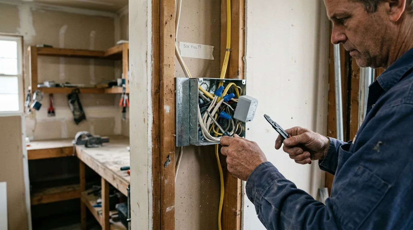 Electrician holding wire strippers and a screwdriver while working on an exposed metal electrical box packed with wiring.