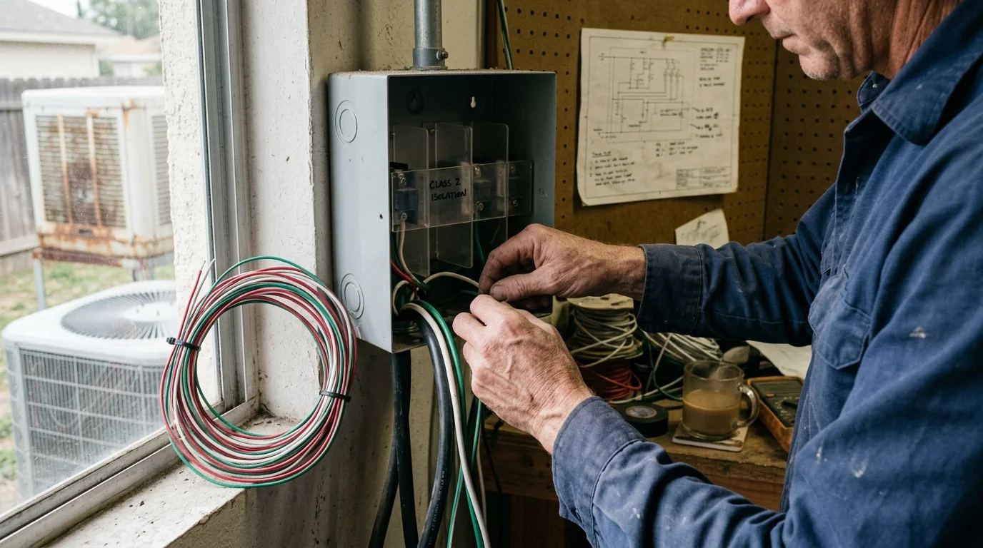 An electrician works inside an electrical box labeled Class 2 Isolation, with AC units visible through a nearby window.