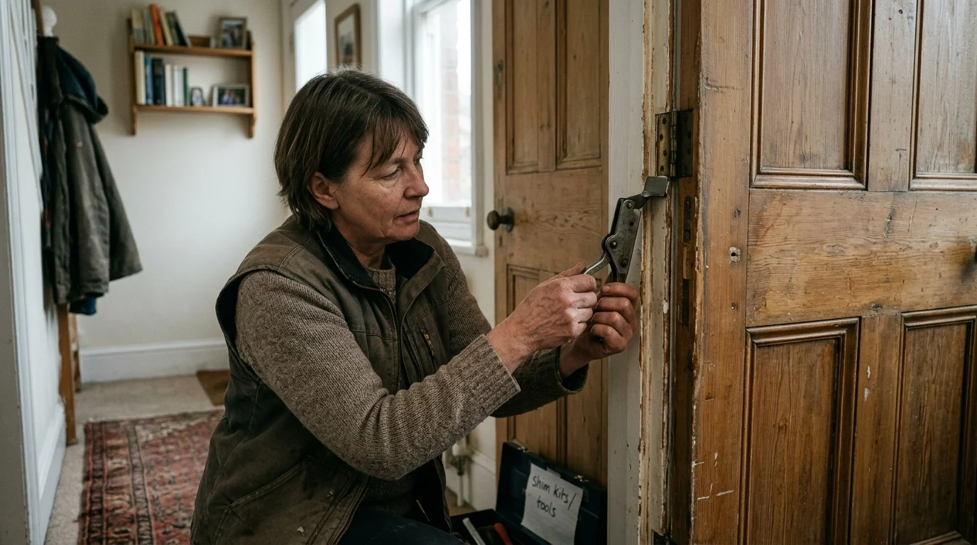 A woman kneels to adjust a metal hinge on a rustic wooden door frame using a hand tool.