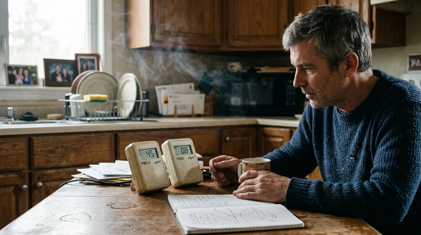A man sits at a kitchen table looking at two digital monitors displaying PM2.5 and TVOC air quality readings.