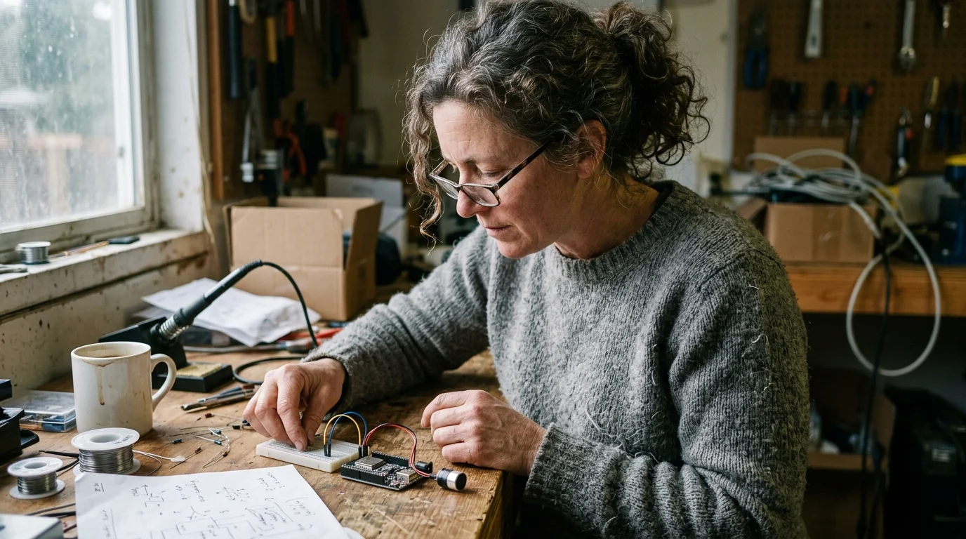 A woman wearing glasses works on a breadboard and circuit board at a cluttered wooden workbench in a workshop.