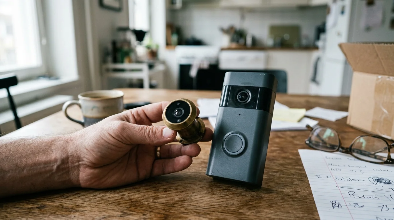 A person holds a brass peephole next to a standing smart video doorbell on a wooden table.