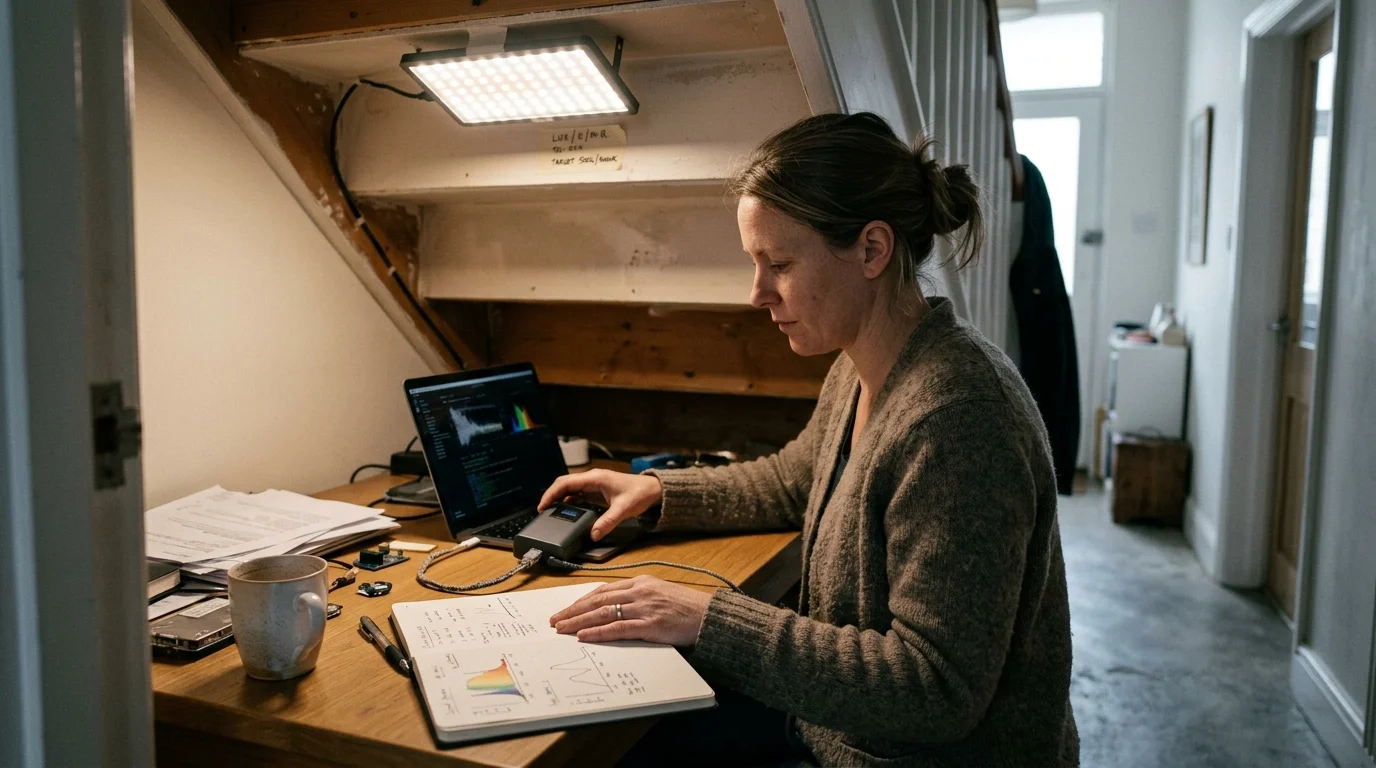 Woman at a desk under stairs working on a laptop with an overhead light panel, notebook, and handheld sensor.