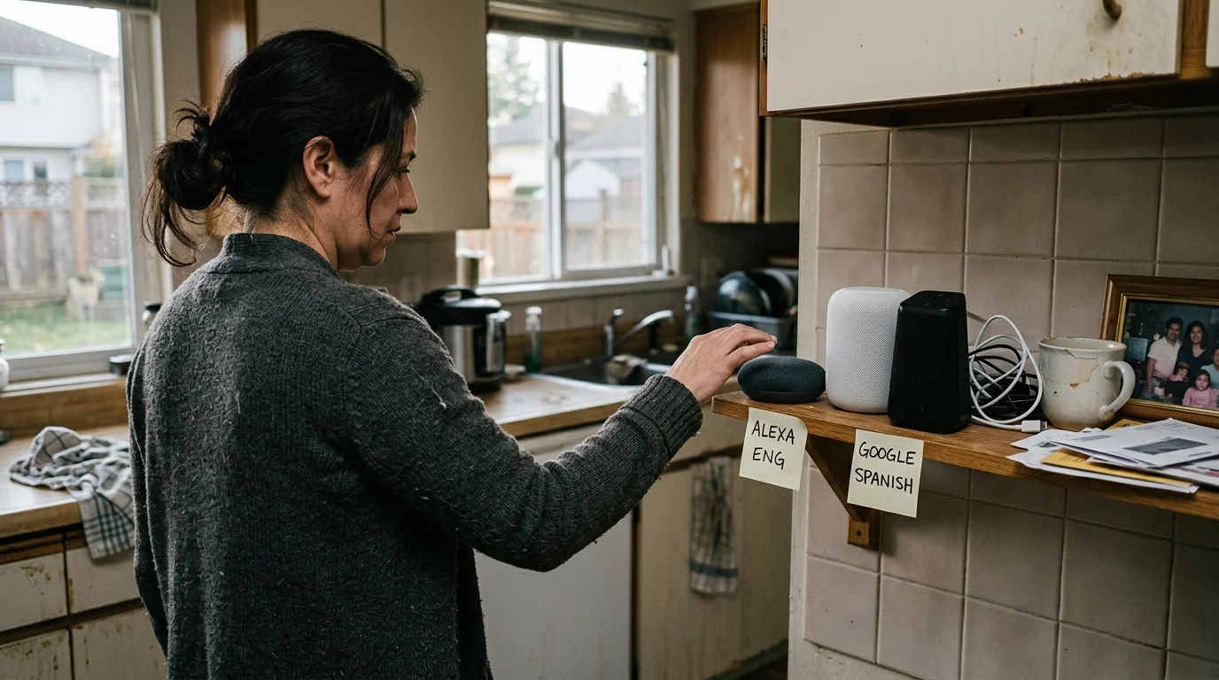 A woman reaches toward smart speakers on a kitchen shelf labeled with sticky notes for Alexa English and Google Spanish.