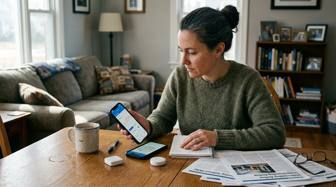 A woman sits at a wooden table holding a smartphone displaying an app, with small sensors, notes, and a mug on the table.
