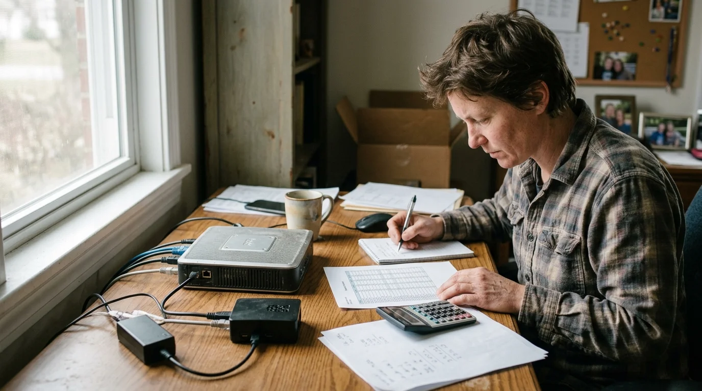 A person sitting at a desk with a thin client, a small hub, a calculator, and paperwork, writing in a notebook.