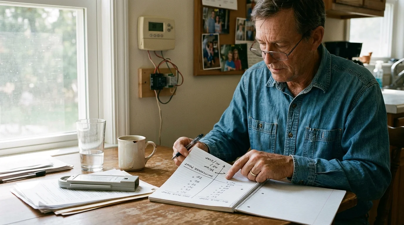 A man wearing glasses sits at a wooden table reviewing handwritten calculations in a spiral notebook.