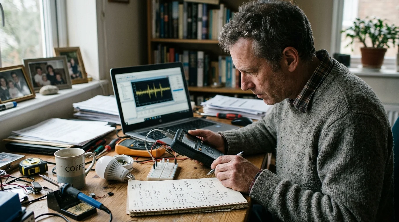 A man at a cluttered workbench holding a handheld meter while testing an LED bulb and analyzing waveform data on a laptop.