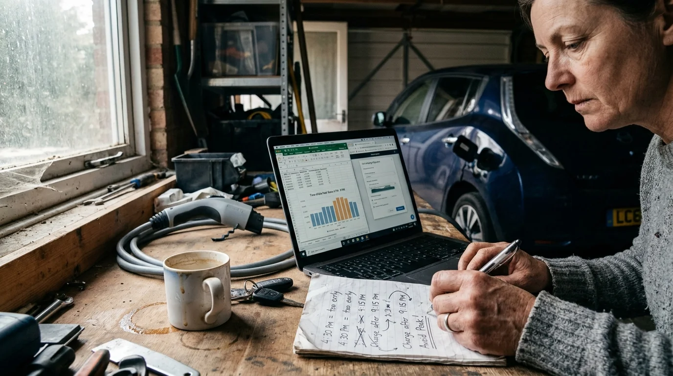 Person writing charging times on paper next to a laptop displaying electricity charts, near an EV in a garage.