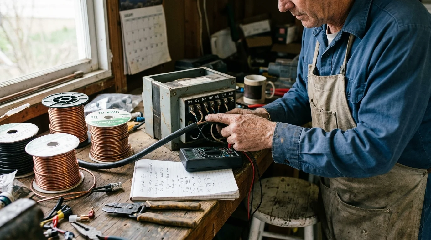 An electrician tests terminals on an open multi-tap transformer surrounded by spools of copper wire on a workbench.