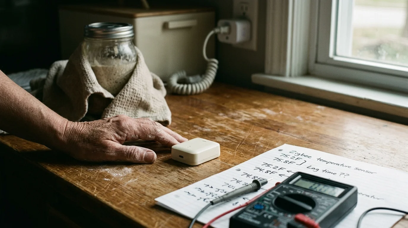 Flour-dusted hand next to a small white sensor, jar of sourdough starter, digital multimeter, and handwritten notes.