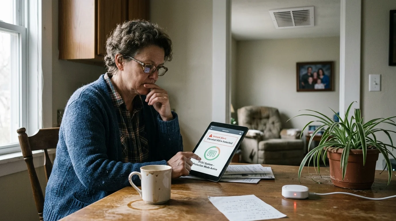 A woman sits at a wooden table looking at a tablet displaying an alert alongside a small sensor device.
