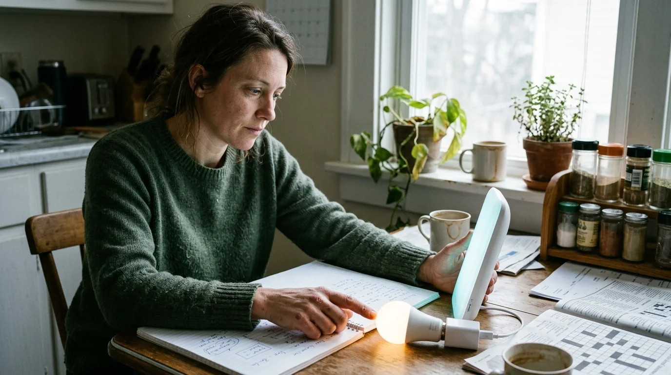 A woman sitting at a table with a notebook, touching a glowing light bulb next to a vertical light therapy lamp.