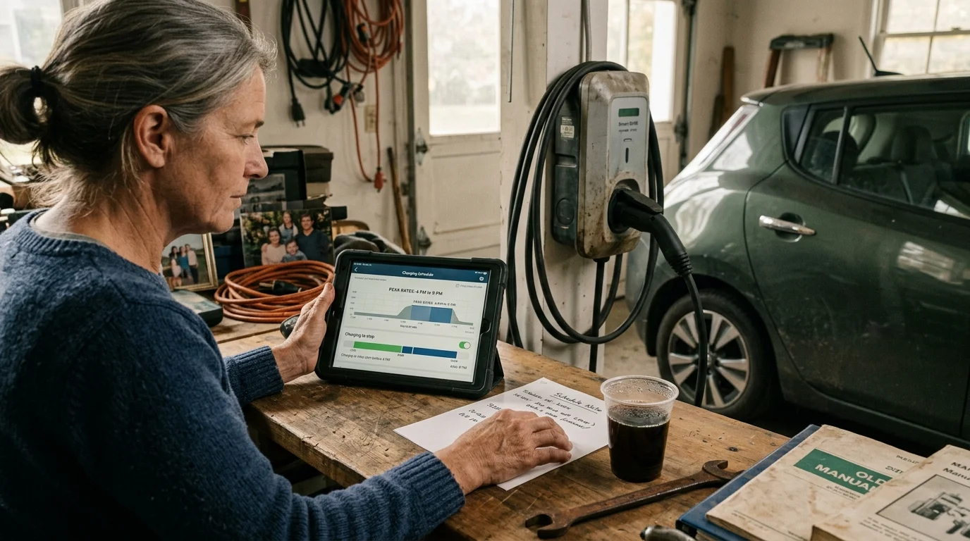 A woman at a garage workbench reviews an EV charging schedule on a tablet beside a wall-mounted charger and car.