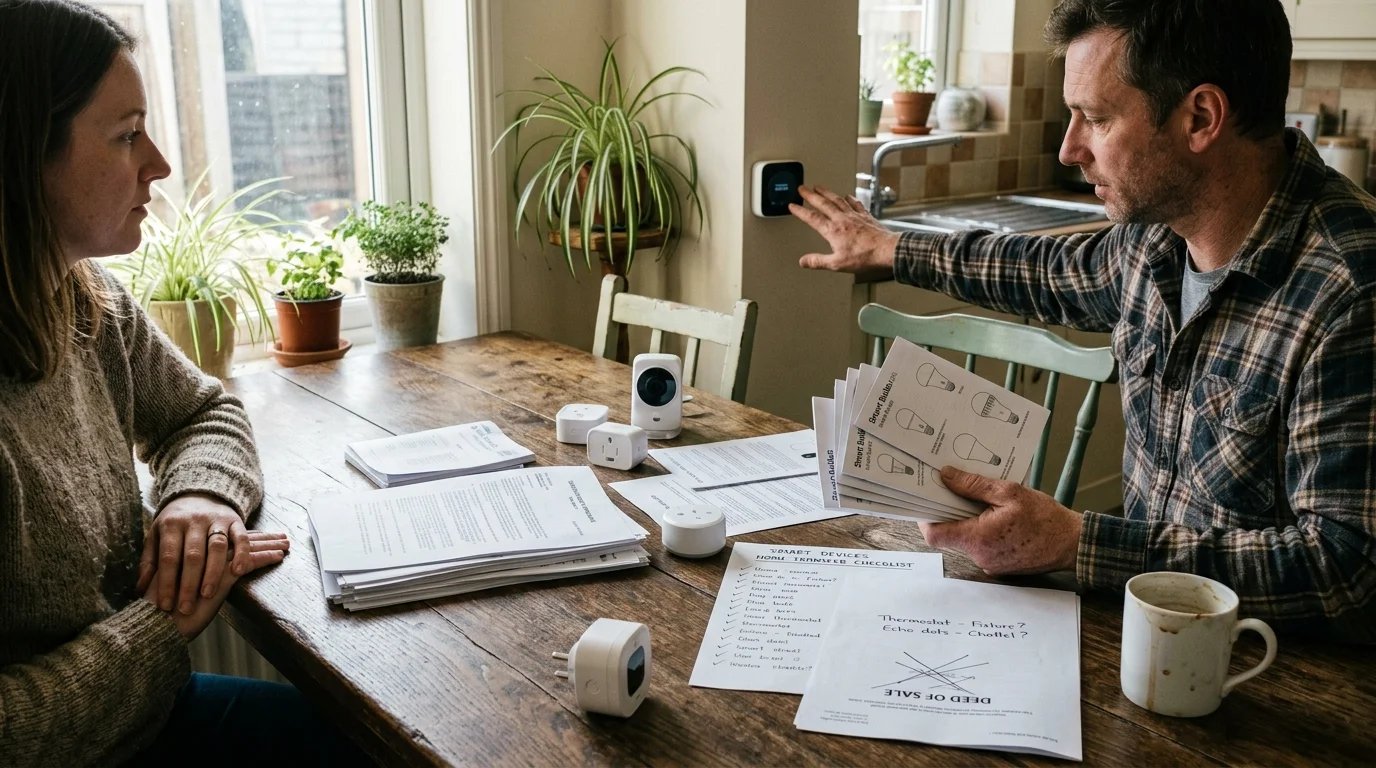 A man and woman sit at a wooden table sorting paperwork, smart plugs, and a camera while pointing at a wall thermostat.