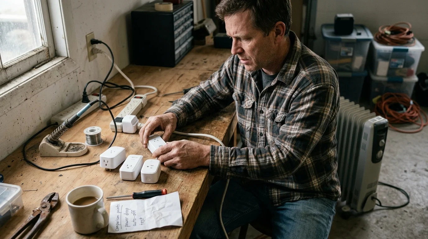 A man at a wooden workbench examines several white smart plugs alongside a soldering iron, power strip, and space heater.