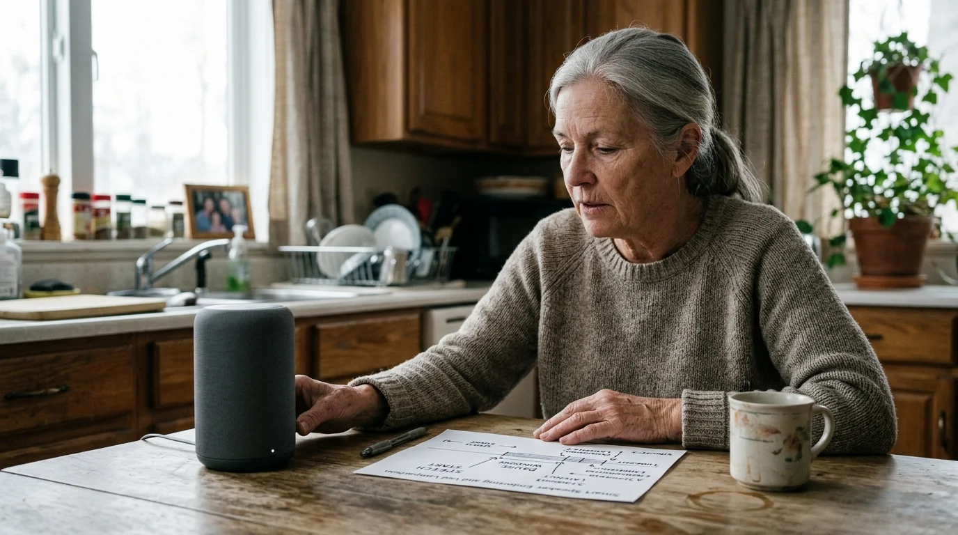 A senior woman sits at a wooden kitchen table next to a smart speaker and notes, reaching out toward the device.