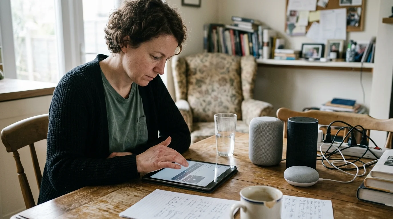 A woman sits at a wooden table using a tablet, with three smart speakers, books, and a mug beside her.