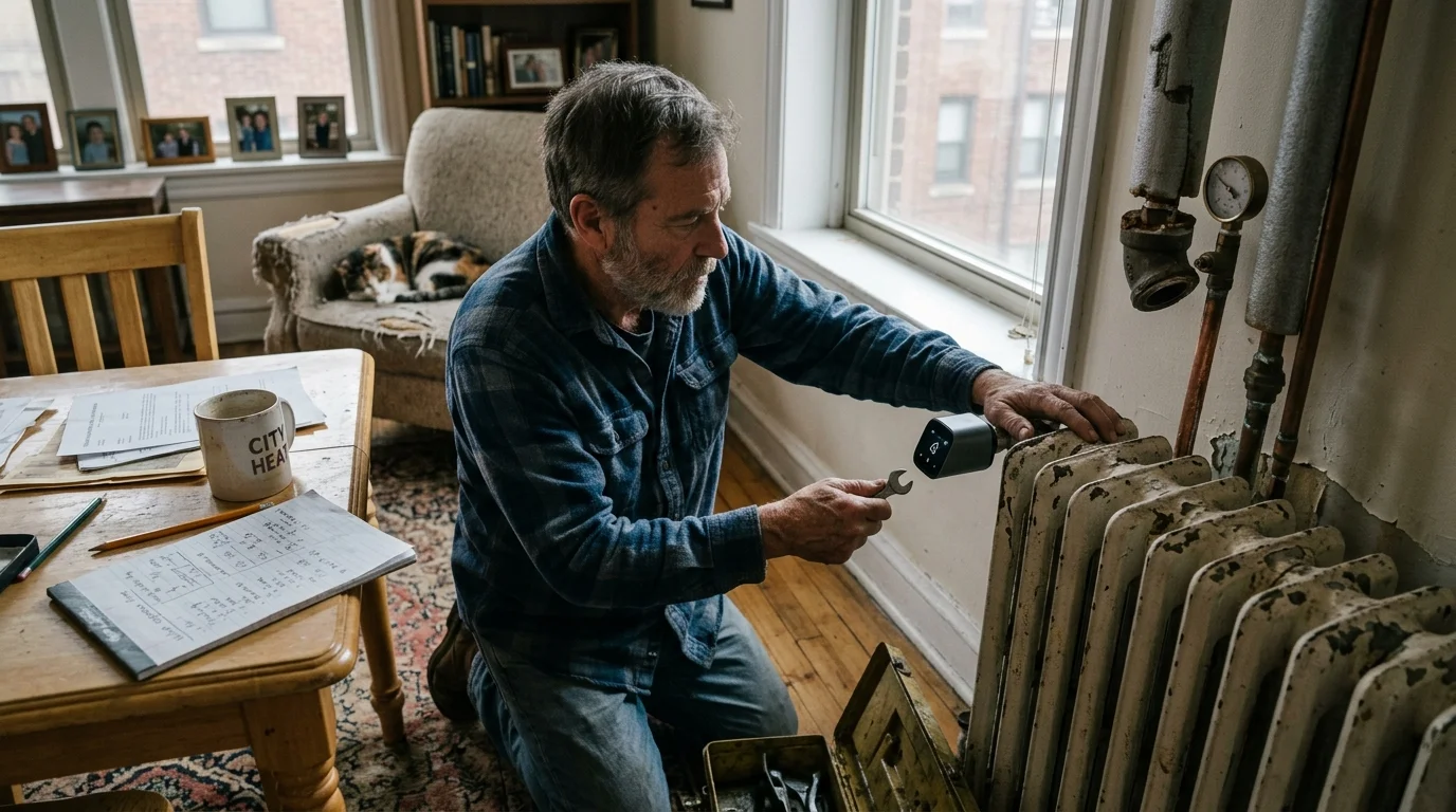 A man kneels on a floor with a wrench, inspecting a smart valve attached to a cast-iron radiator.