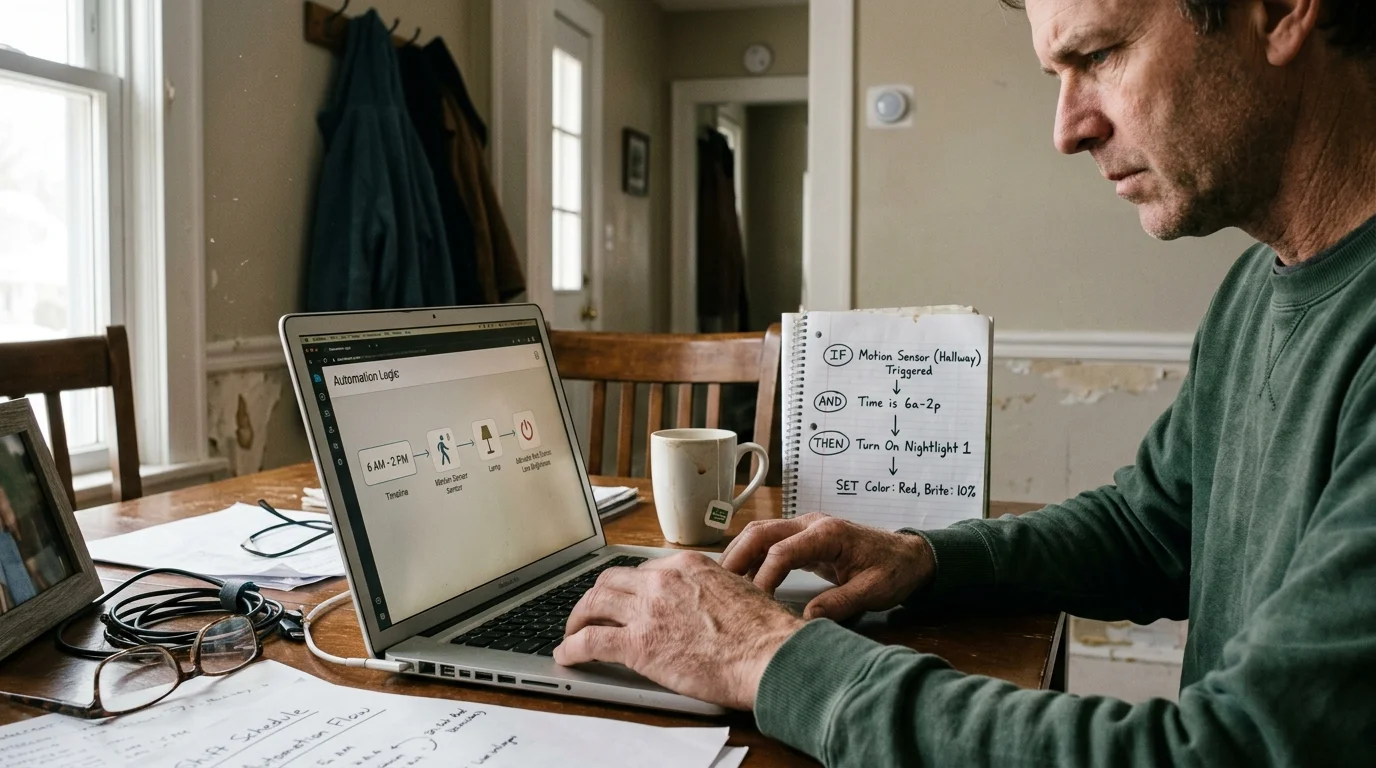 A man types on a laptop next to handwritten automation flowcharts and a mug on a dining table.