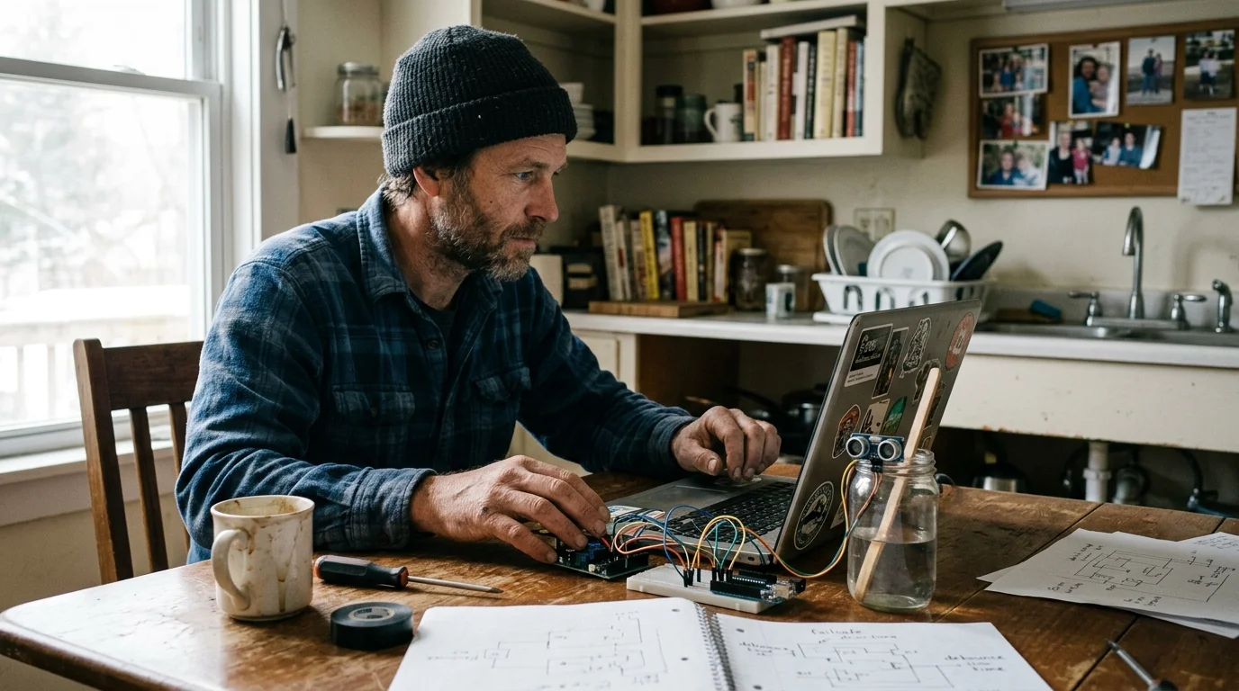 Man in a knit beanie sits at a kitchen table working on a laptop connected to a microcontroller and ultrasonic sensor.