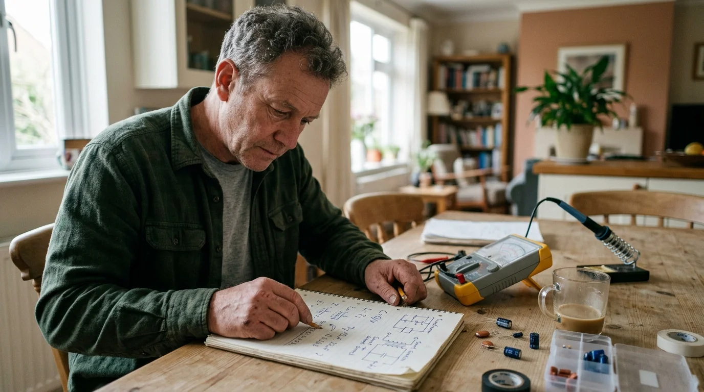 Man writing circuit formulas in a notebook beside a multimeter, electronic components, and a soldering iron at a table.