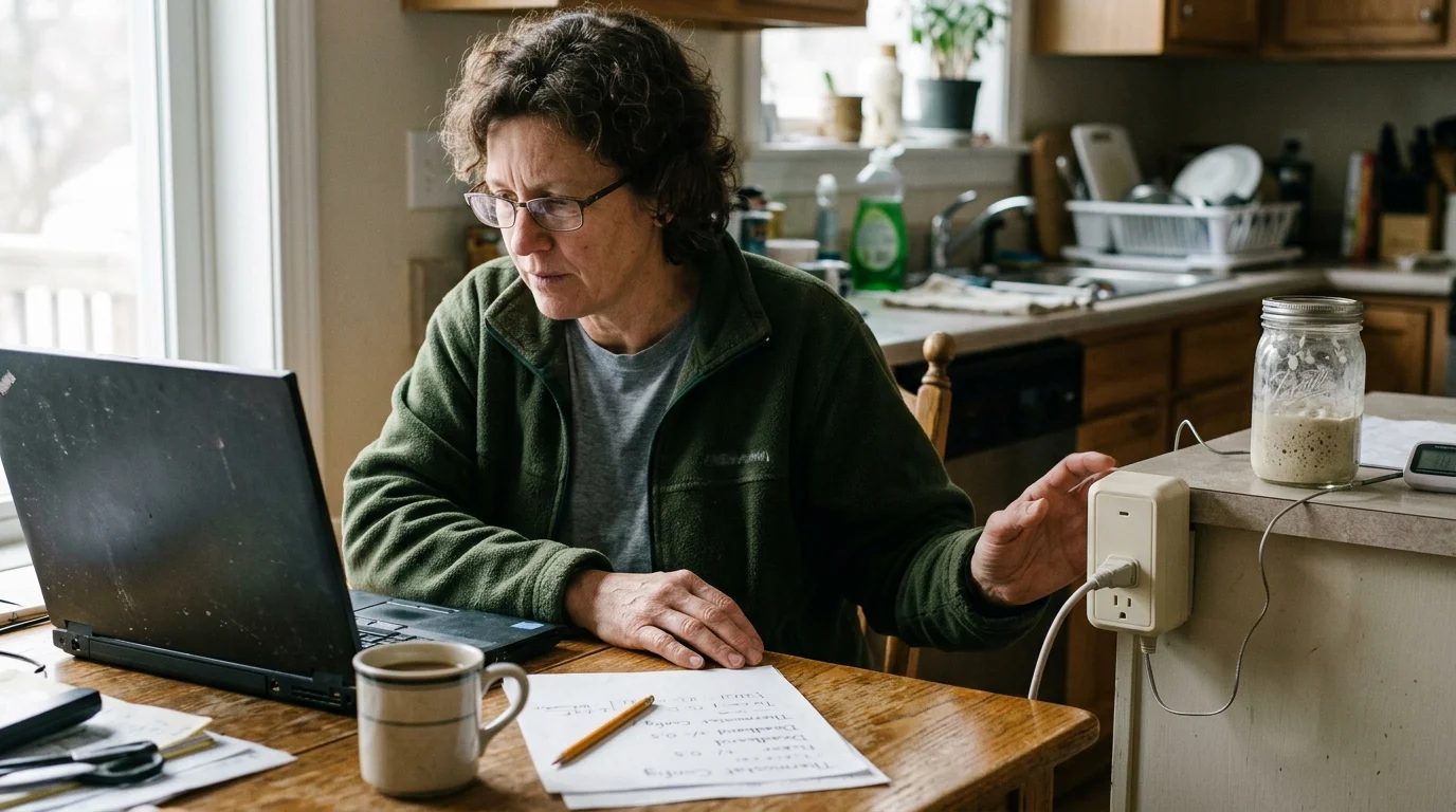 A woman sits at a wooden table using a laptop, reaching toward a smart plug near a sourdough starter jar.