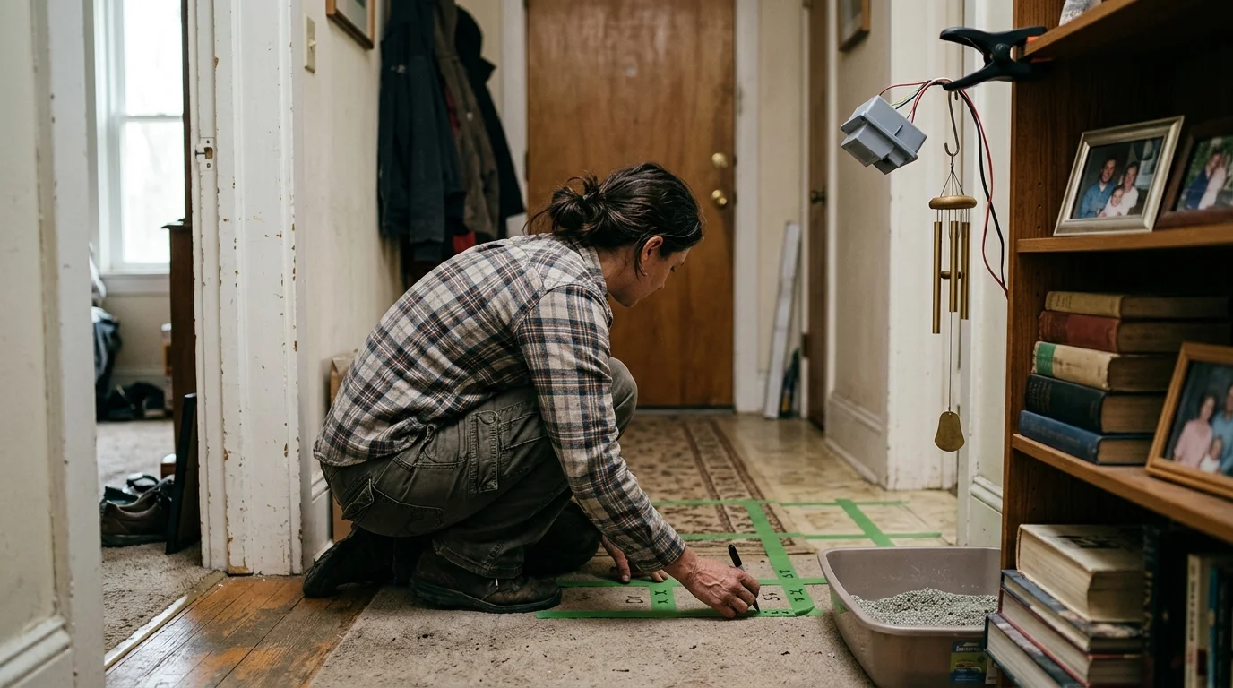 A person kneels in a hallway marking tape on the floor near a litter box, sensor, and wind chime.