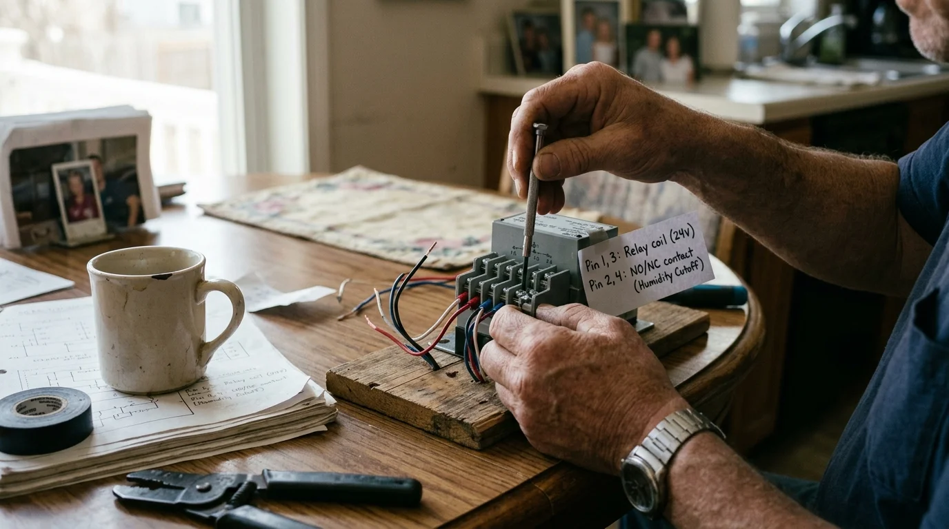 A man tightens screw terminals on a relay mounted to a wood board on a table with wiring diagrams.