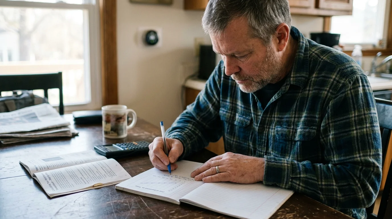 A man sits at a wooden table with a calculator, writing calculations into a notebook beside a cup of coffee.