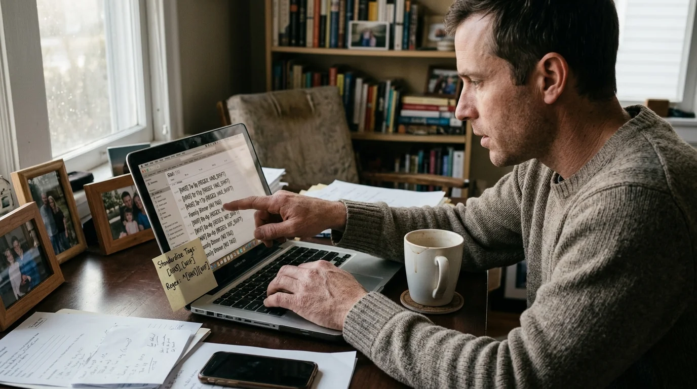 Man at a desk pointing at schedule entries on a laptop screen with a sticky note about standardized tags.