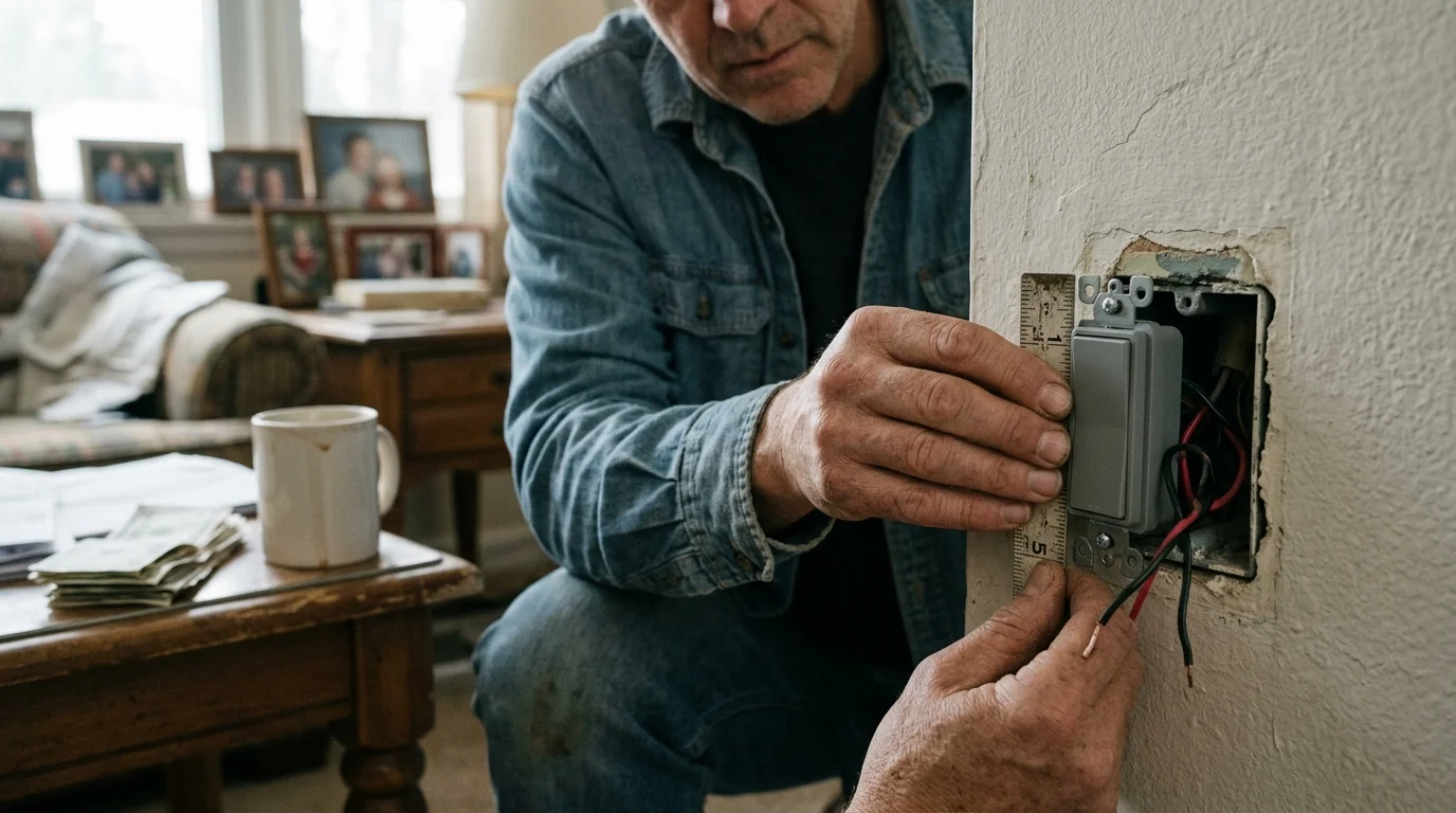 A man holds a metal ruler against an electrical switch installed in an open wall junction box with exposed wires.
