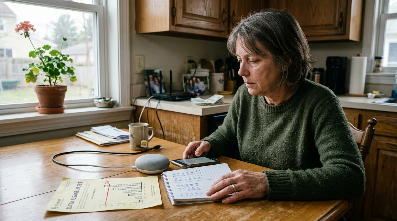 A woman sits at a kitchen table looking at her smartphone beside a smart speaker, notebook, and data usage alert paper.