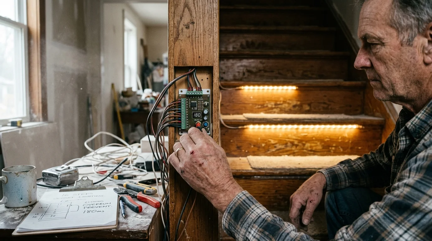 An electrician adjusts a digital controller displaying 180 beside wooden stairs lit with warm LED strip lights.