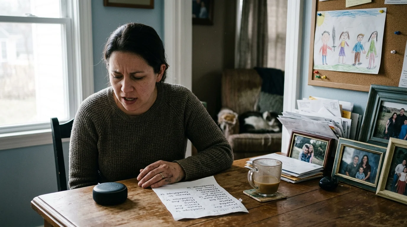 A woman sitting at a wooden table speaks toward a small smart speaker beside a coffee mug and papers.