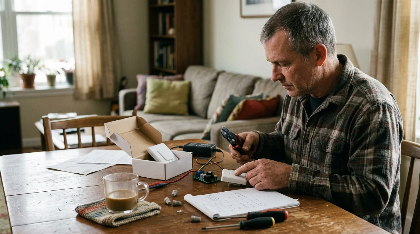 A man sitting at a wooden dining table assembling smart switch components with wire strippers and wiring notes.